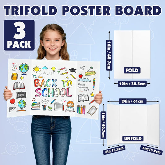 20 Pack Trifold Poster Board, 16in x 24in Corrugated Project Board, White Presentation Board, Trifold Display Board for School Project, Business Presentation, Science Fairs, Event Display