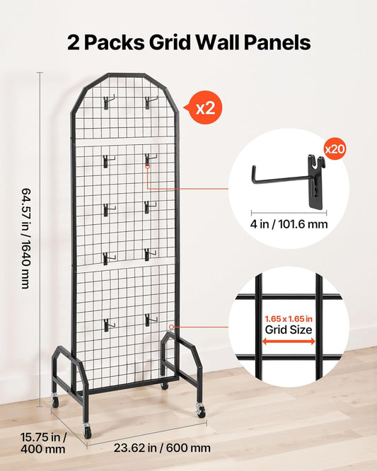 VEVOR 2 Packs Grid Wall Panels, 1.9 x 5.4 ft Wire Grid Panels Display Rack, Movable Art Display Shelf with Wheels and 20 Hooks, Black Carbon Steel Gridwall for Craft Show, Decor, Storage, Notice Board