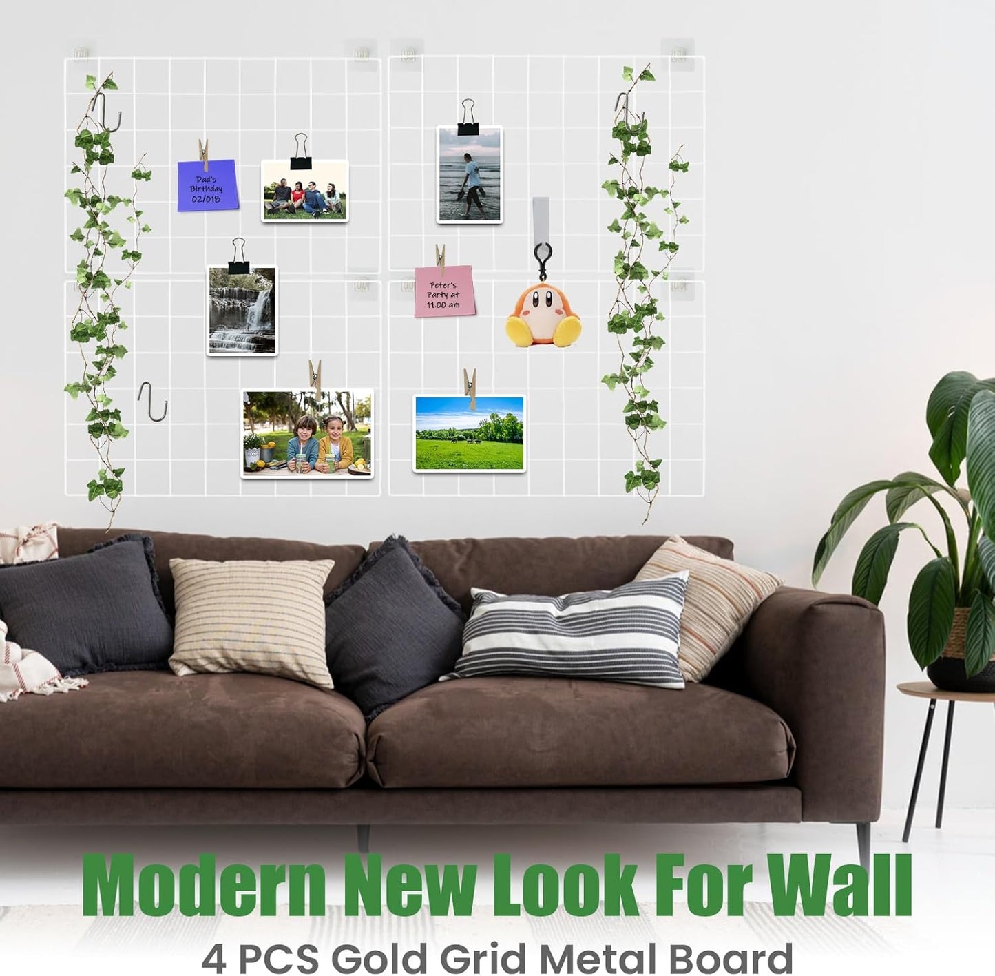 CIKLCIX Metal Grid Wall Panel, Wire Grid Photo Display Organizer, 17.3"×11.8" Gold Wire Board Grid Wall, Grid Picture Frame, 2-Pack Wire Mesh Memo Board With Clips and Hooks