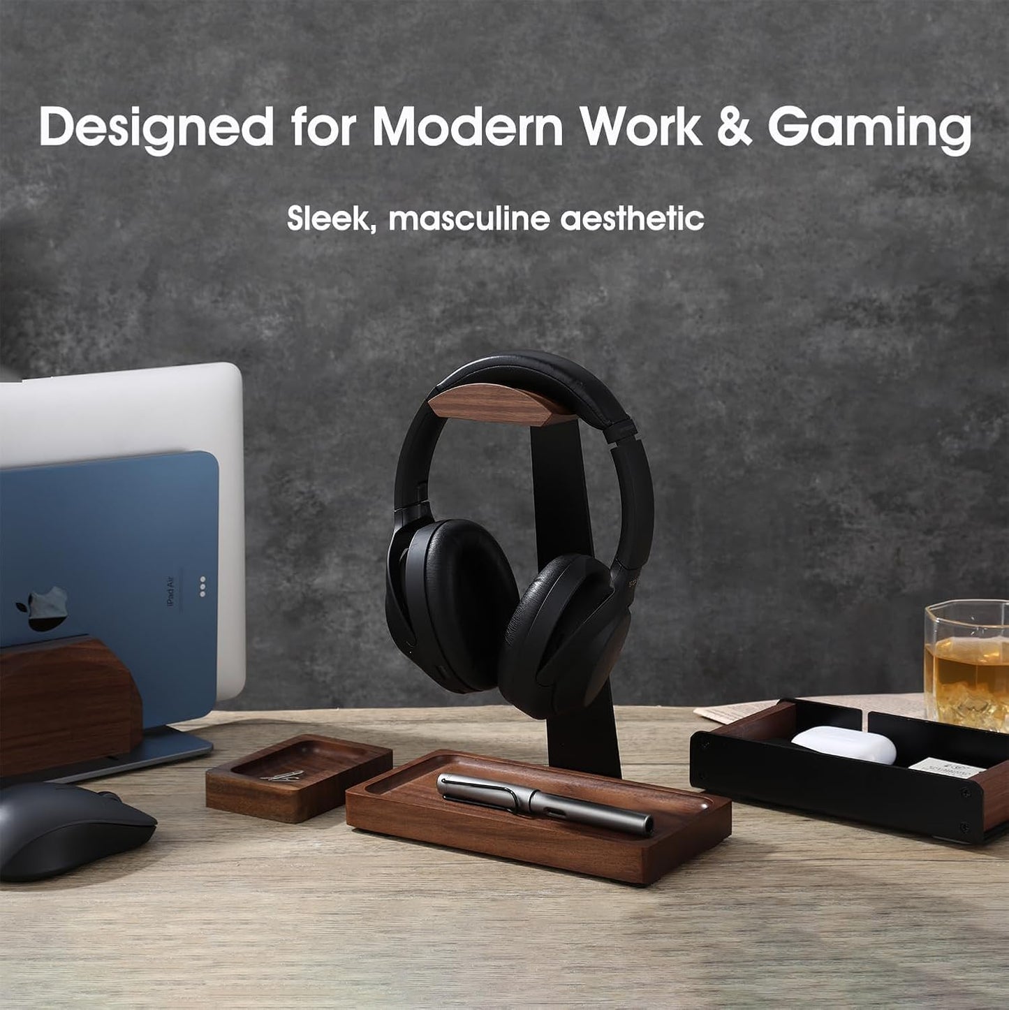 Vertical Laptop Stand for Desk, Dual Slot Wood Laptop Holder to Dock MacBook, MacBook Pro and & Gaming Laptops, Solid Black Walnut, Geometric Sculpted Craftsmanship