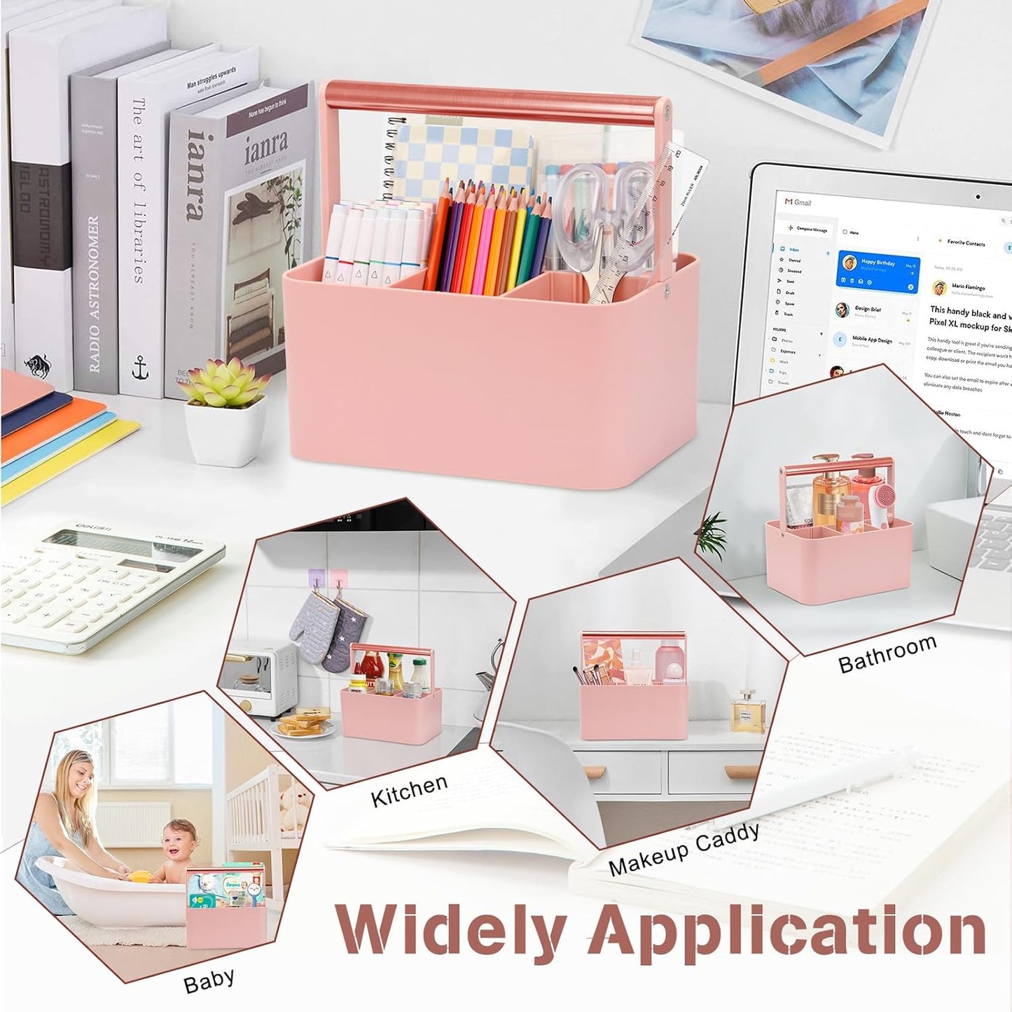 Multipurpose Caddy Organizer with Handle and Adjustable Divider, Portable Art Supply Storage Organizer for Art Craft Supplies, Dorm, Classroom, Office, Bathroom, Shower, Cleaning, Makeup (Pink)