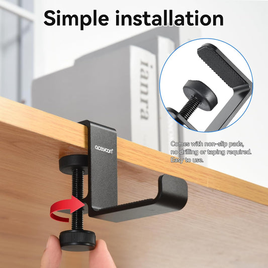 aceyoon Foldable Headphone Stand for Desk, Aluminum Headset Stand Clamp Hook Under Desk Space Save Mount, Headset Holder for Gaming Headphone, Office, Backpack, Bag, Purse Hanging (Black)
