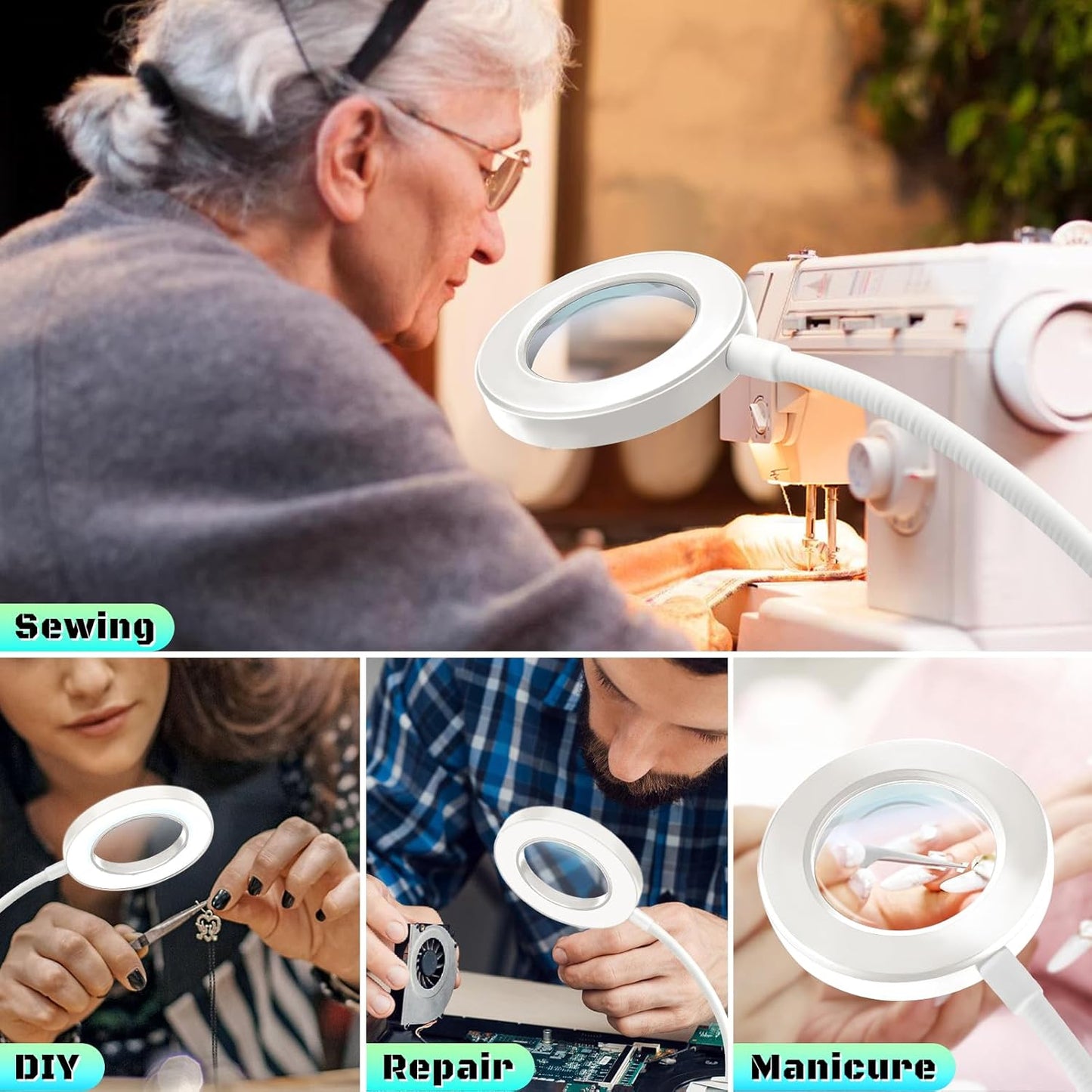 10X Magnifying Glass with Light, Clip on Mganifier with Light, 48 LED Desk Magnifying Glass wtih Clamp, 3 Modes Dimmable Magnifying LED Lamps for Bed Work Crafts DIY Repair