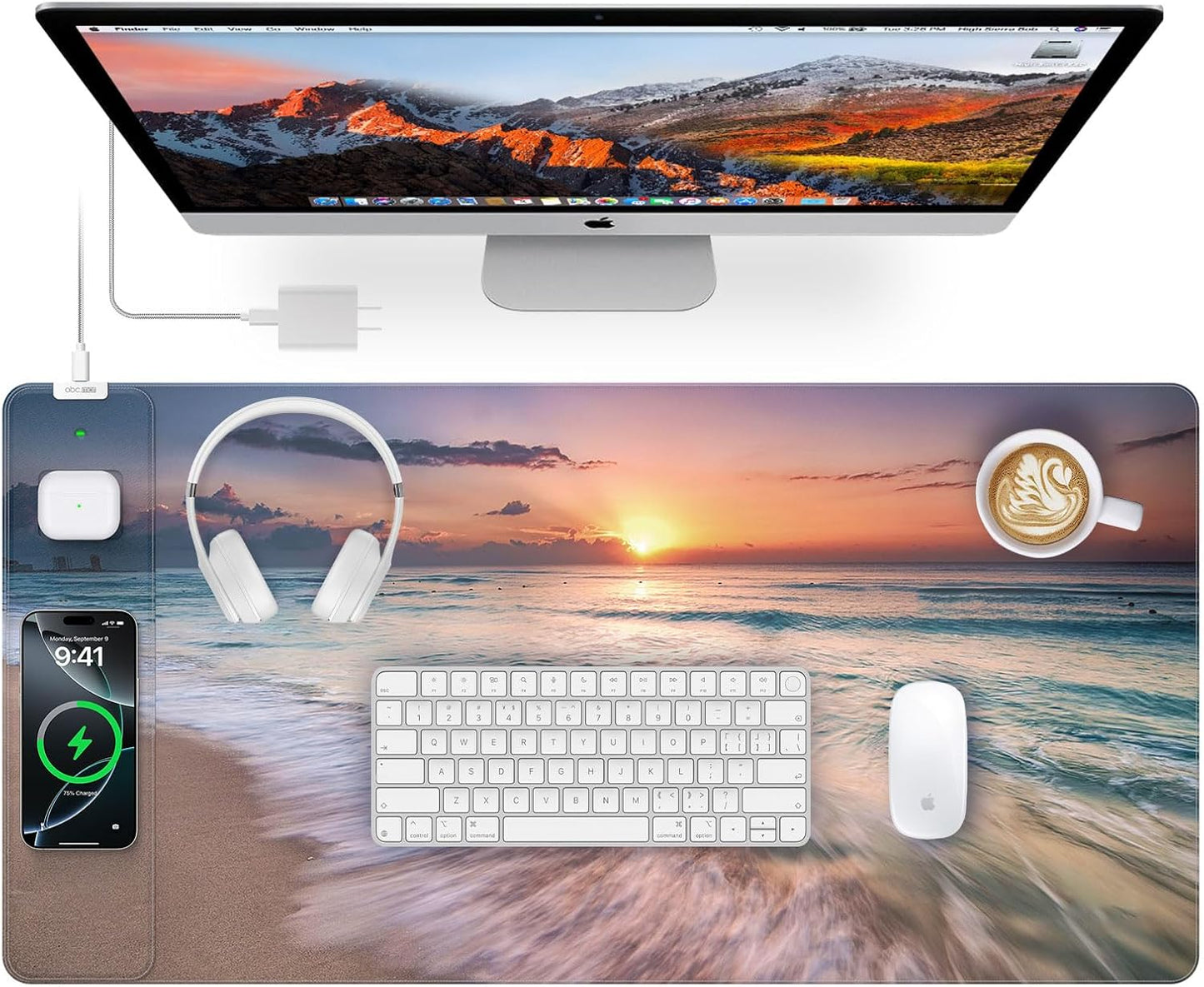 Wireless Charging Mouse Pad with Foldable Phone Holder, 31.5"x15.8" Large Desk Mat for Laptop/Keyboard, Waterproof Ultra-Smooth Surface, Non-Slip Base, Black