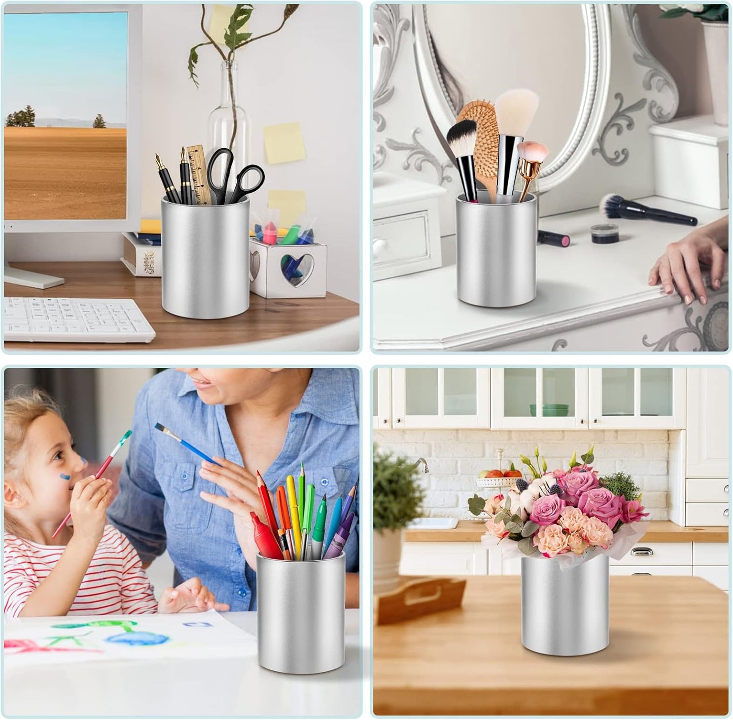 Pen Holder Pencil Holder for Desk, Metal desk pen holder, Makeup Brush Holder, pencil cup, pen organizer for desk, for Office, School, Home, and Kids 3.9×3.14inch(Silver)