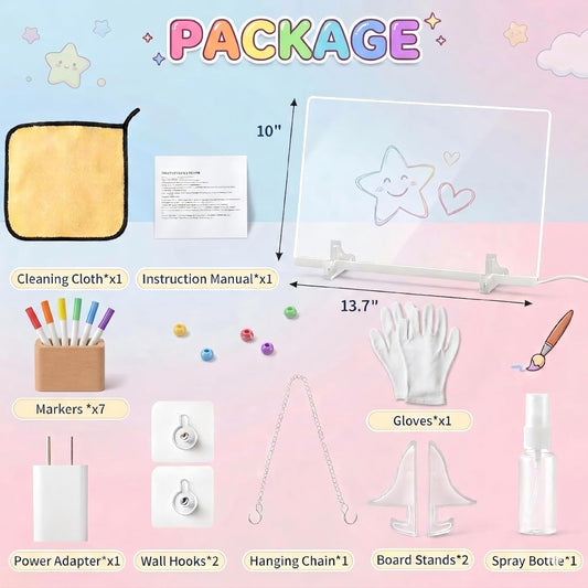 LED Light Up Acrylic Message Board for Kids Students, 13.7"x10" Dry Erase Drawing Board with 7 Colors & 4 Modes, Reusable Glow Memo Board for Back to School, Homework, Bedroom Desk Decor