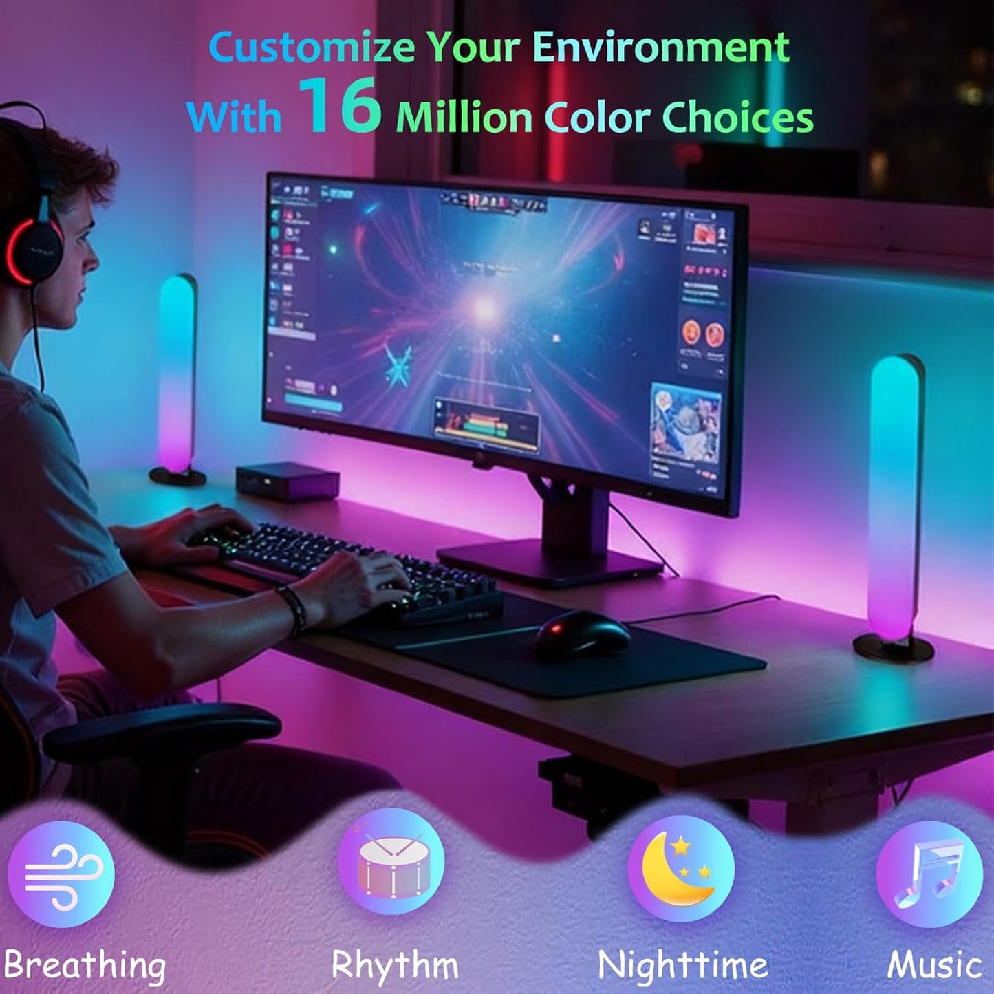 Smart RGB LED Light Bars for Gaming Desk, PC Monitor, TV – 10 Inch, Music Sync, Remote Control, 15 Modes, USB Powered, Horizontal & Stereoscopic Placement for Room Decor & Mood Lighting