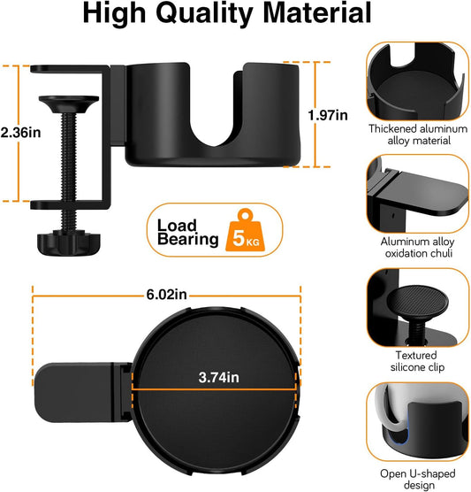 Large Desk Cup Holder Clamp, Anti-Spill Cup Holder for Your Desk or Table,Cup Holder Inner Diameter 9.5cm,Capacity 5kg/11lb Compatible with Universal Cup, Bottles(Black) (Desk Cup Holder)