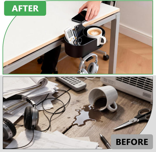 4 in 1 Desk Cup Holder Clamp on Under Desk Headphone Detachable Pen Cup Holder Hanger Caddy Organizer for Office Table, Lawn Chair, Pontoon Boat