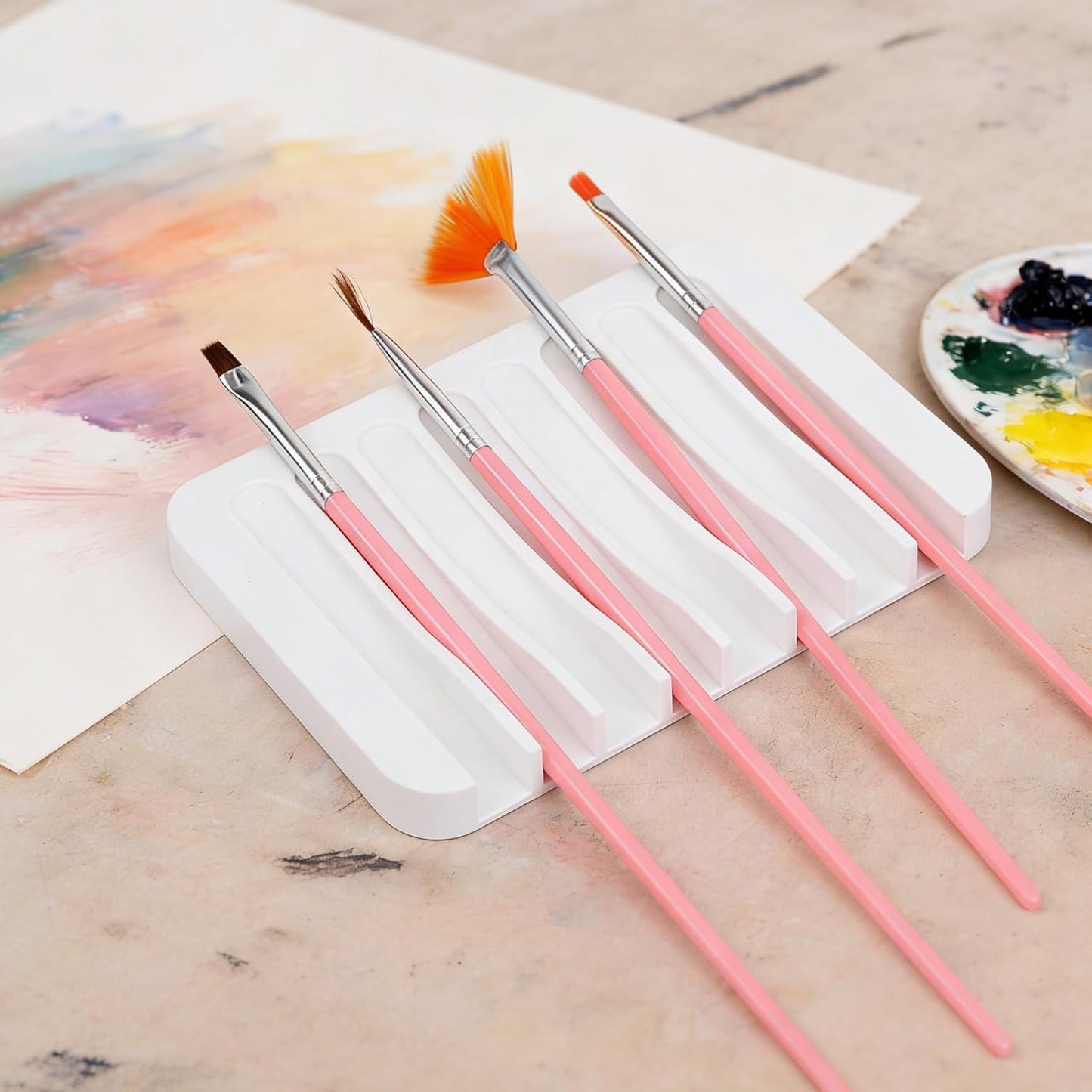 Penitue 2pcs Paint Brush Holders, Silicone Washable Paint Brush Organizer Stand with 8 Slots Paintbrush Rinse Holder for Oil Acrylic Watercolor Painting (Transparent & Blue)