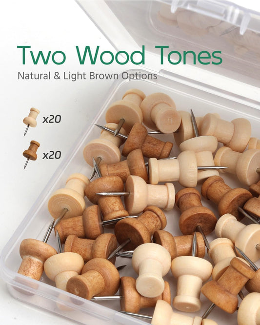 40 Pcs Wood Push Pins, Decorative Wooden Thumb Tacks for Cork Board, Natural & Light Brown Pins and Tacks, Bulletin Board Accessories, Map Tacks
