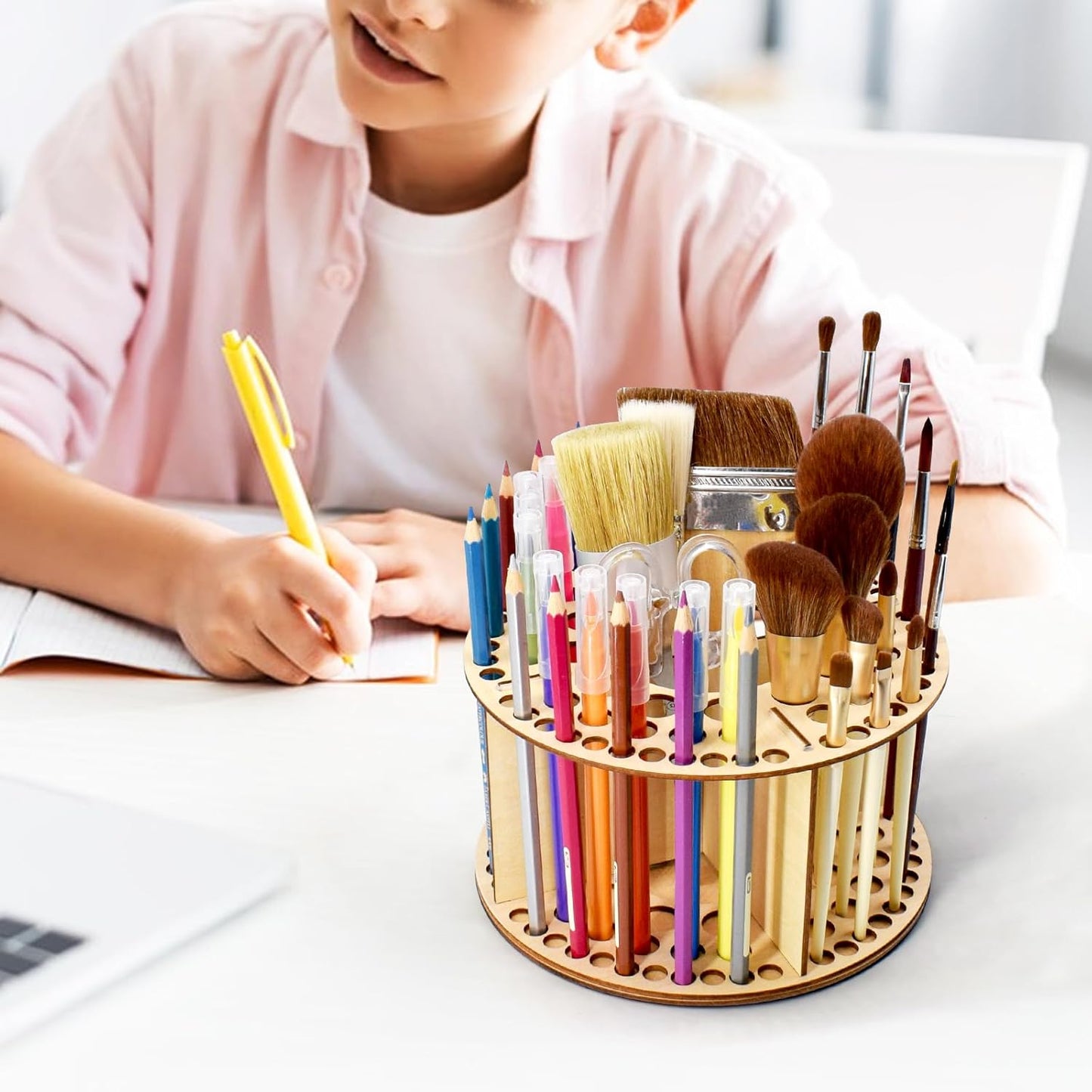 Wooden Paint Brush Holder 76 Holes and 4 Compartments Round Paintbrush Holder Organizer with Silicone Rings Wood Artist Paint Brush Stand Rack for Pens Pencils Art Tools