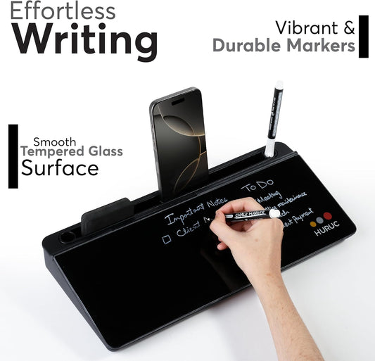 HURUC Small Glass Desktop Whiteboard with Storage,15.3"x7.08"x2.16" inch Desktop Dry Erase Board with Markers & Duster, Desk White Board Buddy Organizer for Home, Office, School (Black)