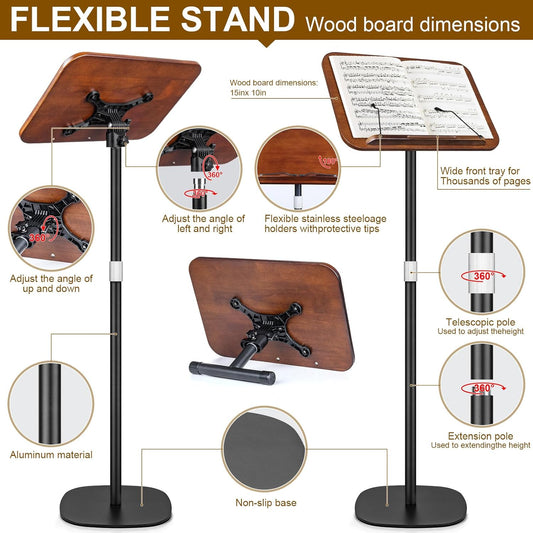 2 in 1 Dual-use Music Stand & Desktop Book Stand, Adjustable Height 16.5"-51", 100% Solid Wood Laptop Floor Stand Book Holder with Page Clips for Cookbooks, Sheet Music (Brown)