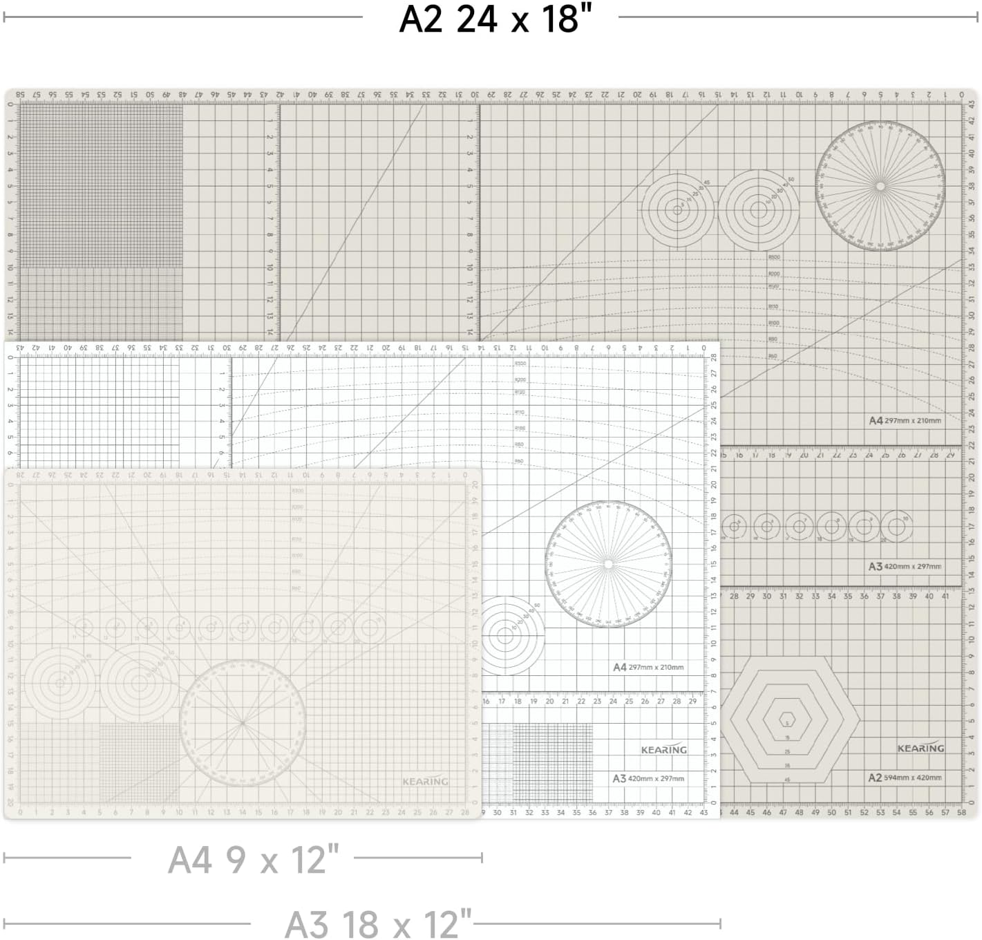 KEARING A3 Self Healing Cutting Mat 12x18 Inch, 3mm Thick Double-Sided High-Contrast Craft Mat with Grid, Premium 5-Ply PVC Construction, Beige and Charcoal Grey, for Sewing, Quilting, Crafts, 1 PCS