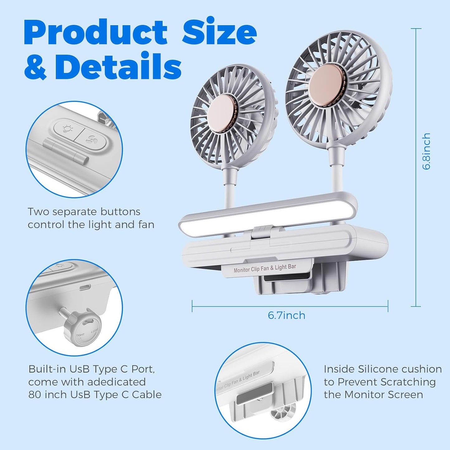 USB Monitor Clip on Fan via Flip-Open LED Light Bar, Two-Head Personal Cooling desktop Laptop Quiet USB Fan for Office, 3 Wind Speeds, for Flat, Curved Monitors (Deepsea Blue)