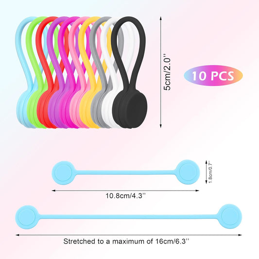 Quacc 10 PCS Reusable Magnetic Cable Ties Magnetic Cable Ties Silicone Cable Straps Wire Organizer for Earphone Phone Charger Audio Cable 10 Colors Silicone Cable Clips for Office, School, Home