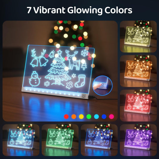 LED Drawing Board with 7 Colors & 3 Light Modes - Glow Doodle Board, Includes 7 Markers + Tracing Book, Dry Erase Note Boards, Halloween Christmas Birthday Gifts for Kids (7.9"x11.8")
