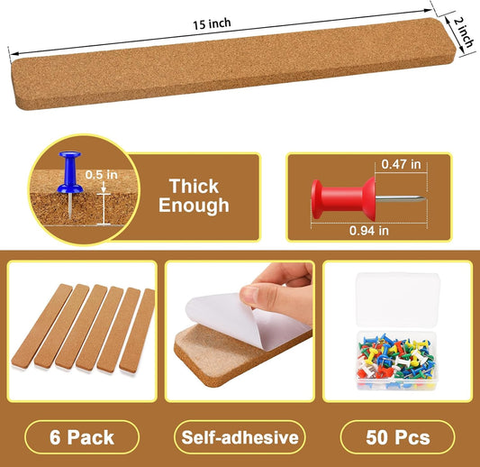 6 Pack Corkboard Strips for Walls, Self Adhesive Thick Cork Board Strips, Peel and Stick Cork Board with 50 Push Pins for Paste Notes, Photos, Schedules