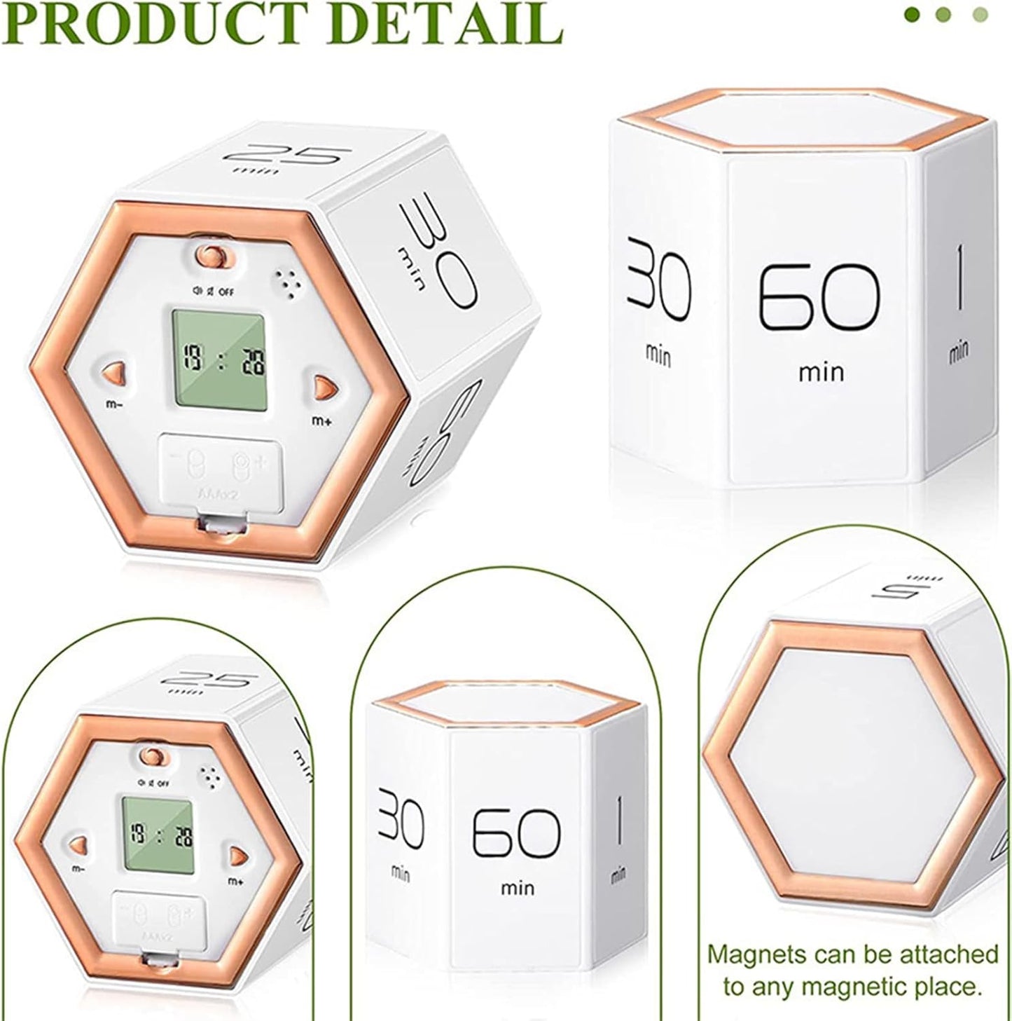 Hexagon Digital Clock Timer, Pomodoro Timer, Productivity Cube, Cubes Timer Kitchen Hexagon Flip Timer for Studying Cooking Exercising Easy to Use Flip (White)