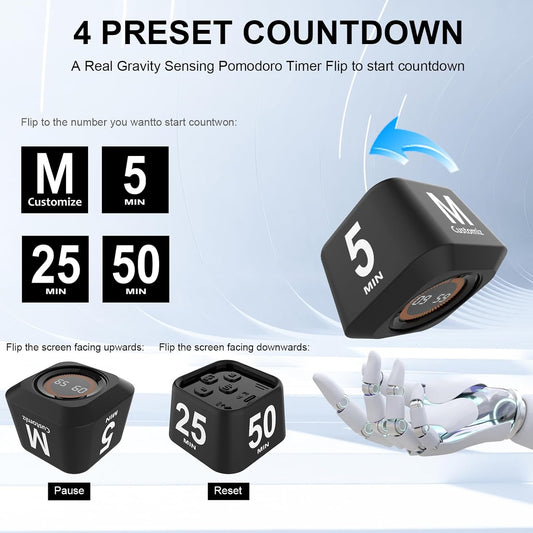 Rotating Cube Pomodoro Timer 5, 25, 10, 50 Min Preset + Custom Countdown, Desk Productivity Flip Visual Timer w/Silicone Case, Silent Mode, Ideal for ADHD Tool Study Work School (Black)