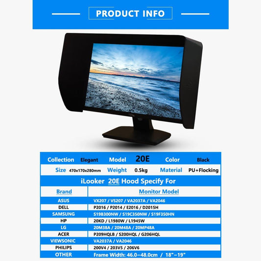 20E 19~20 inch LCD LED Video Monitor Hood Sunshade Sunhood for Dell HP Viewsonic Philips Samsung LG EIZO NEC ASUS ACER BENQ AOC Lenovo, Fits Monitor Frame Width 455-480mm