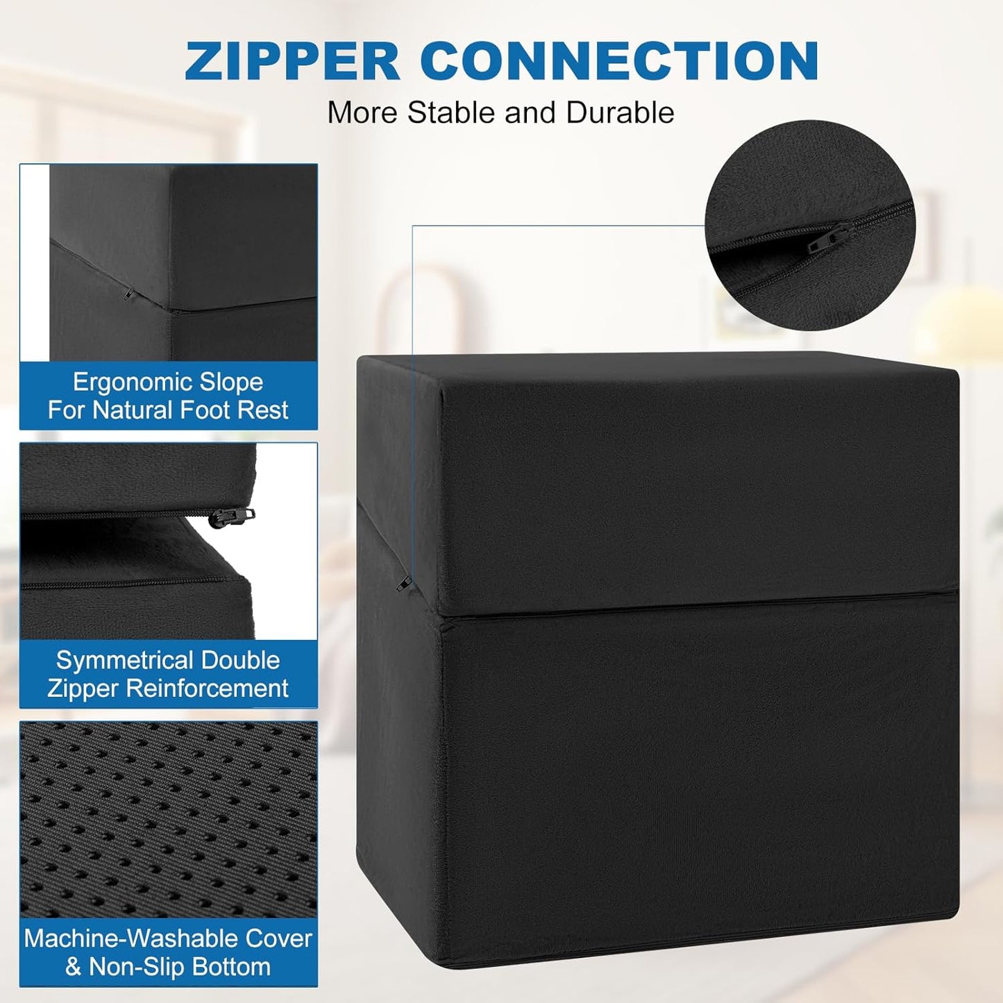 Adjustable Foot Rest Under Desk,Adopt 3-in-1 Ergonomic Design.High-Density Foam and Zipper Closure Under Desk Leg Rest,Fabric is Removable and Washable. for Office, Gaming, Home, and Travel (Black