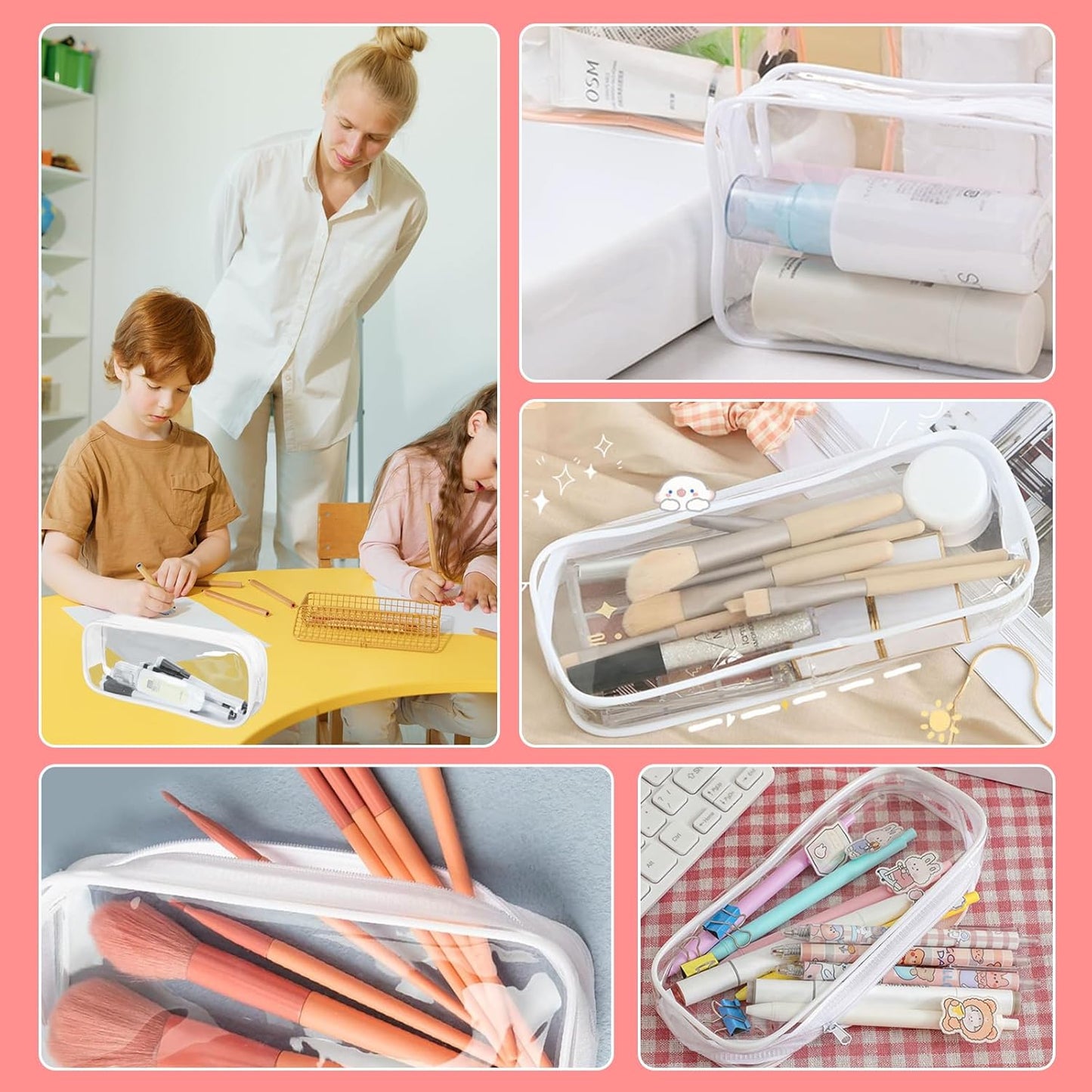5 Pack Clear PVC Zipper Pencil Pouch, Pen Pencil Case Makeup Pouch, Large Capacity Pencil Bag for Office Stationery Travel Storage (Black)