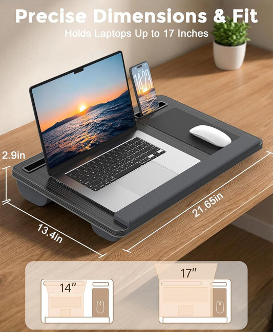 HETTHI Lap Desk with Cushion, Large Laptop Besk Bed, Up to 17" Laptop Tray for Bed with Wrist Rest, 2 Self-Adhesive Mouse Pads, Portable Handle, Tablet Phone Slot (Black)