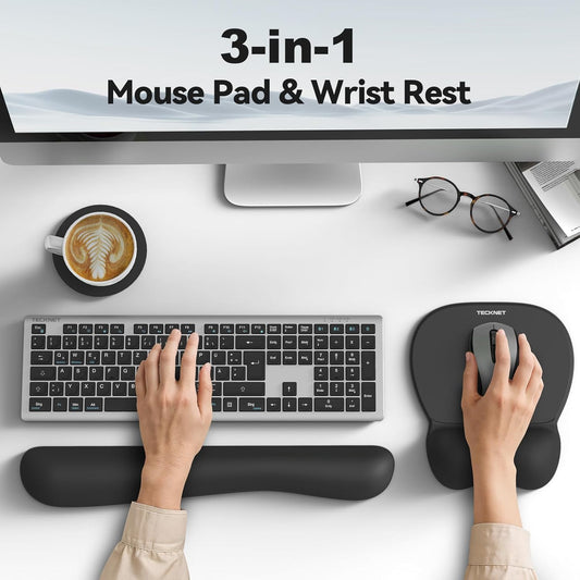 TECKNET Gel Mouse Pad with Wrist Rest, 3 in 1 Keyboard Wrist Rest for Pain Relief, Non-Slip PU Base & Easy Typing, Ergonomic Mousepad Set for Office & Home(Black)