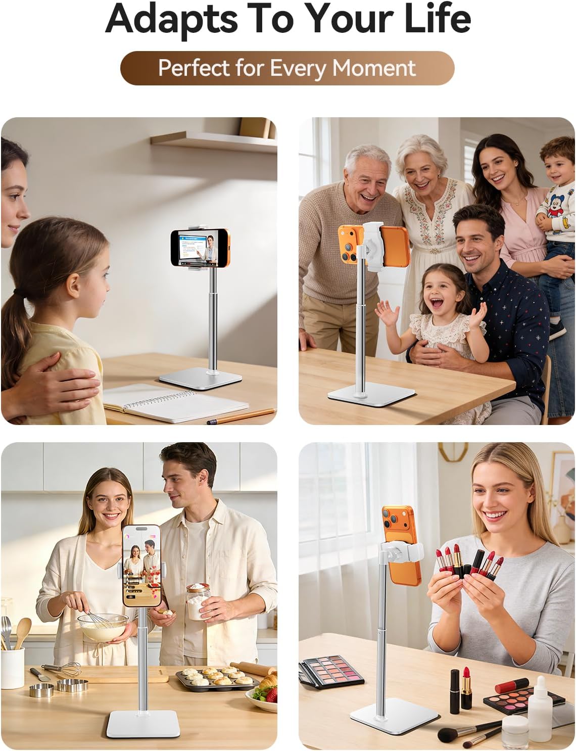 tounee Phone Stand for Desk, 8-11" Height Adjustable Cell Phone Holder for Live Streaming, Video Recording, TikTok – Compatible with iPhone 17/16/15, Samsung, All 4-7" Smartphones -Black