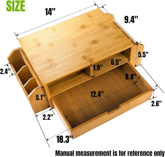 Hiceeden 2 Tier Bamboo Desktop Organizer, Desk Monitor Stand Riser with 1 Drawer and 2 Pen Holder, 2 Compartment Computer Desk Storage Organizer for Laptop, Printer