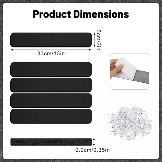 Thboxes 5 Pack Felt Bulletin Board Strips, 13x2 Inch Self Adhesive Felt Pin Boards with 30 Pushpins, Cork Board for Walls Home Office Decor(Black)
