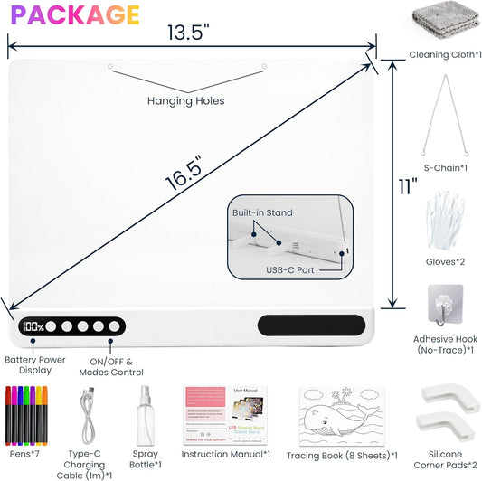 Led Drawing Board for Kids, 16" Rechargeable Neon Message Board with 7 Light Modes, Cordless Design, Built‑in Stand, Wall‑Mount Ready, Doodle Glow Drawing Board, Pens & Tracing Book Included