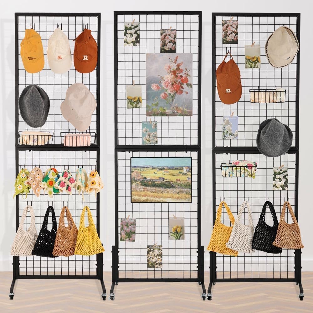 3 Packs 1.8' x 5.7' Grid Wall Panels Standing Wire Grid, Display Rack with T-Base Wheels Freestanding Gridwall Panel Tower for Shows, Black