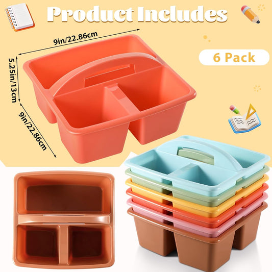 6 Pack 3 Compartment Small Caddy Plastic Classroom Organizer with Handle Portable Teacher Supply Storage Caddy Craft Art Caddies for Pencil, Crayon, Marker, Home, Office, School Supplies(Multicolored)