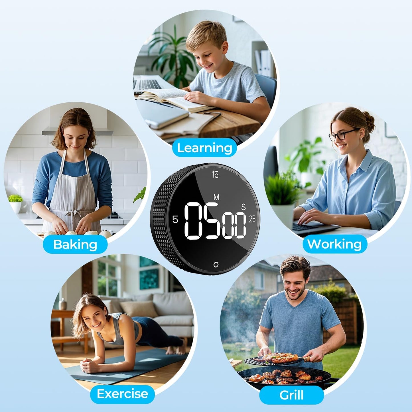 USB Rechargeable Magnetic Kitchen Timer for Cooking, Building 800mAh Battery Large Display Digital Countdown Countup Timer, 3 Preset 5/15/25 Mins Loud Alarm for Baking Grilling Studying