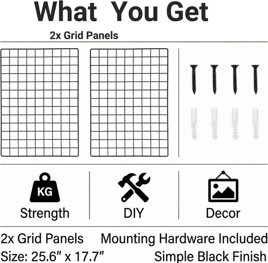 Kaforise Wire Wall Grid Panel, Multifunction Painted Photo Hanging Display and Wall Storage Organizer, Pack of 2, Size 25.6x17.7inch, Black