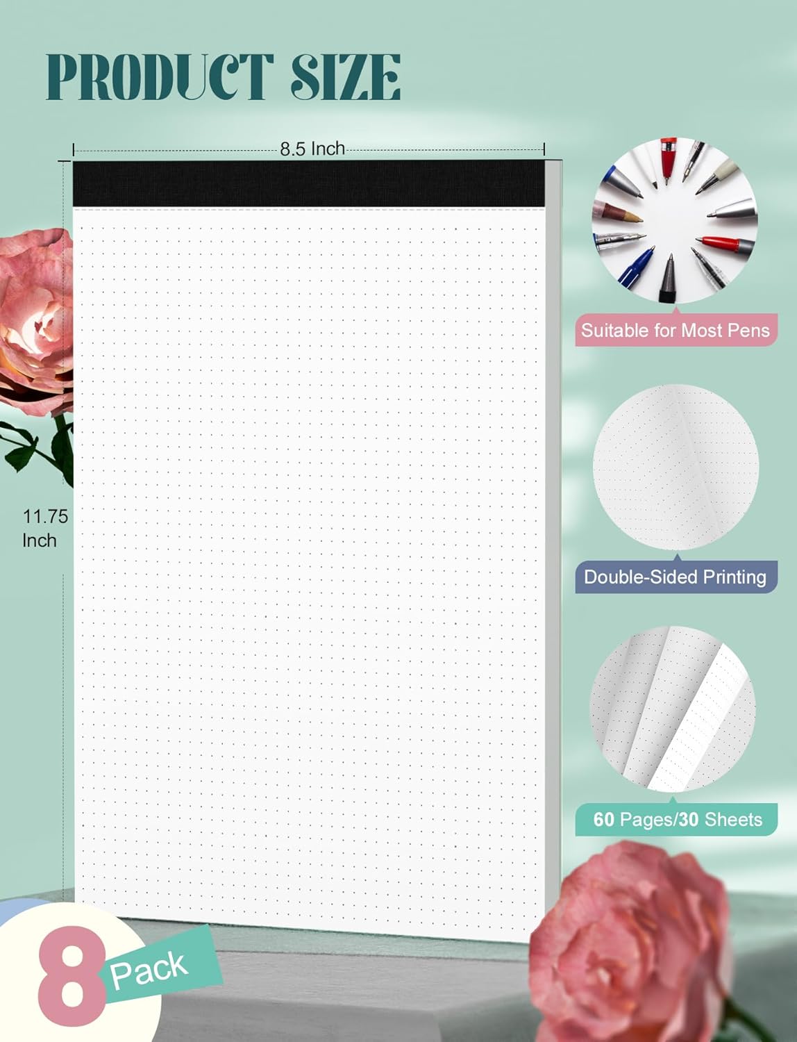 Dot Grid Notepad 8.5 x 11, 2 Pack, 5x5 Dotted Graph Paper 8-1/2 x 11", Dotted Journal Notepad for Sketching Journaling, Micro Perforated, White Thick Paper 1/5" Dots Notes Writing Pad, 30 Sheets/Pad