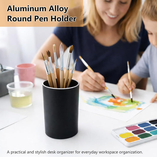 Black Aluminum Pen Holder – Round Metal Pencil Cup Organizer for Desk, Office, School & Home Supplies 