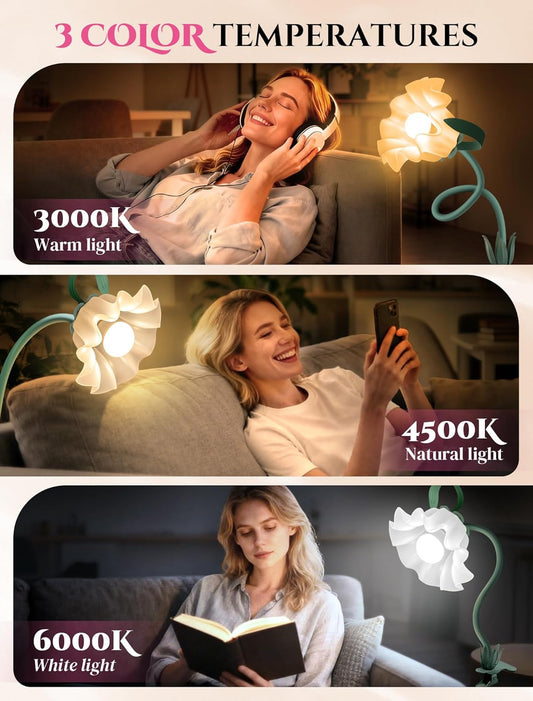 Clip On Light and Flower Desk Lamp, Flexible Gooseneck Reading Book Light with 3 Color Modes Cute Table Lamp Decor, Clip on Bedside Lamp for Bed Headboard,Table, Nursery,Dorm (Green-02)