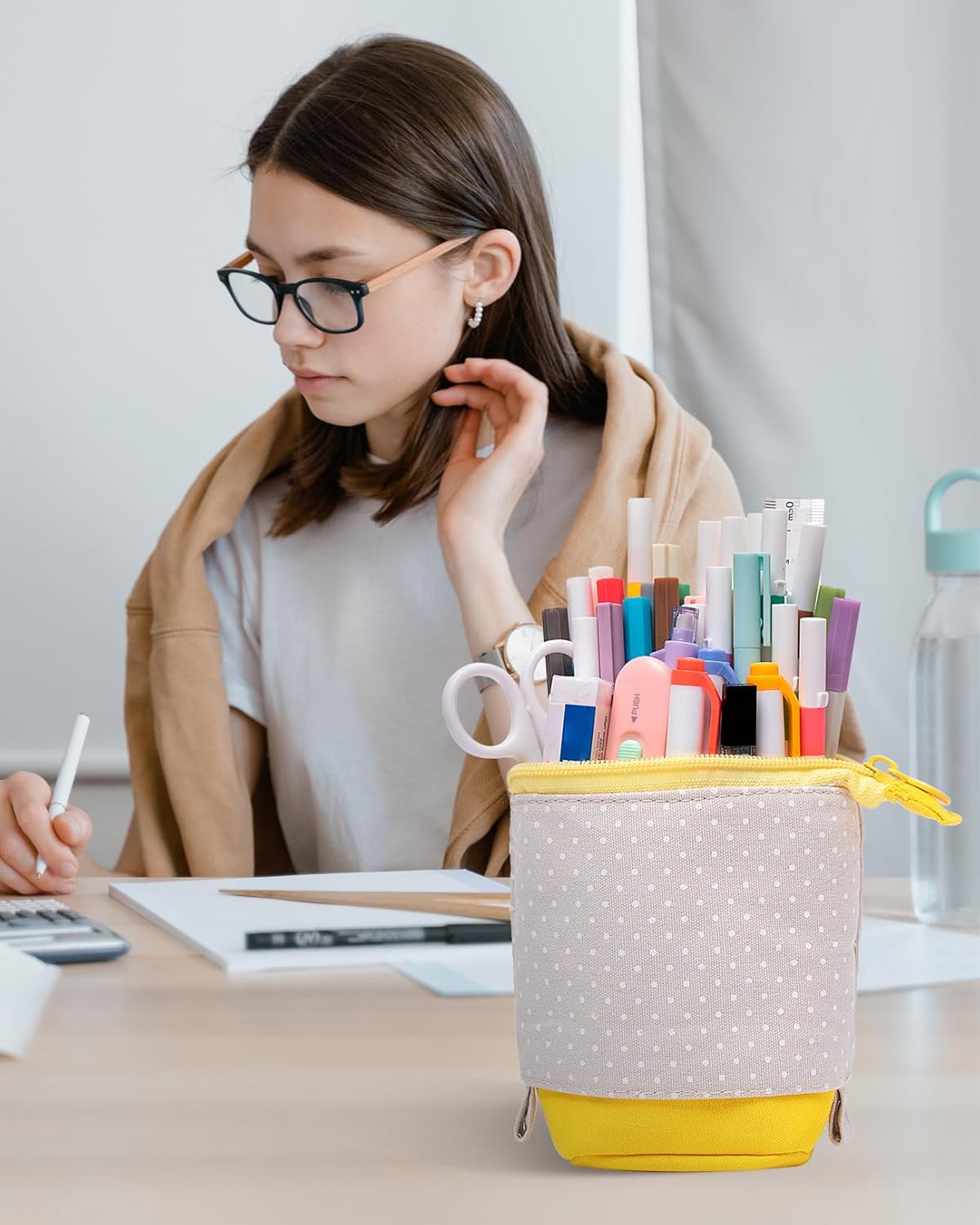 Sooez Standing Pencil Case, Cute Stand up Pencil Pouch, Telescopic Pen Pouch, Portable Pencil Holder, Kawaii Stand up Pencil Case, Spacious Pencil Pouch Bag for School Office Supplies, Black