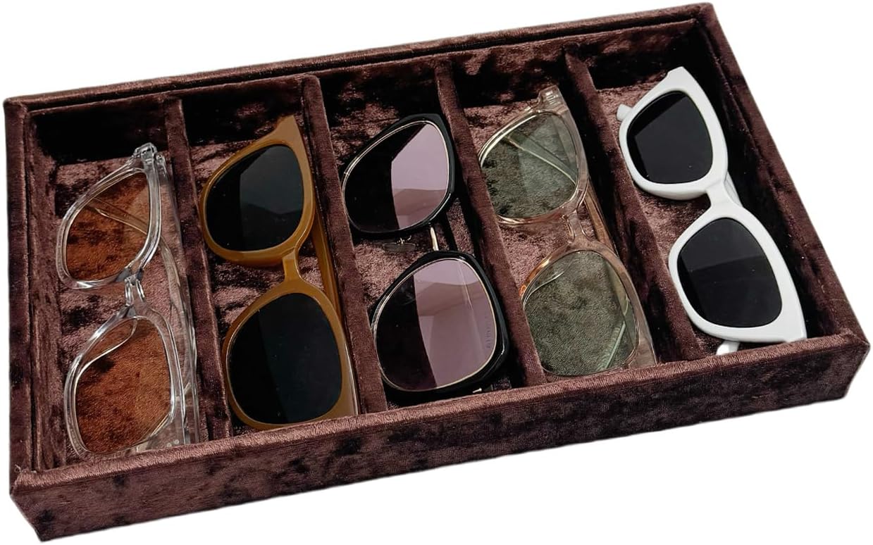 AgentMoon 5-Compartment Velvet Sunglasses & Jewelry Organizer Tray – Adjustable Dividers, Sturdy Wood, Non-Slip Storage for Watches, Glasses, Bracelets, Desk or Drawer.(Tabby Red)