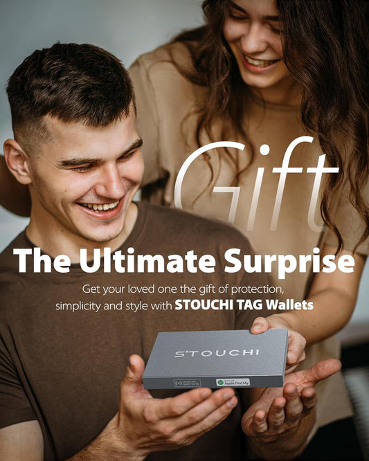 Stouchi Card Holder Wallet for Men, Find My AirTag Chip (iOS Only) Slim Credit Card Holder RFID, Cash Strap, Minimalist Trackable Wallet for Boyfriend Husband Christmas Anniversary Birthday Gifts