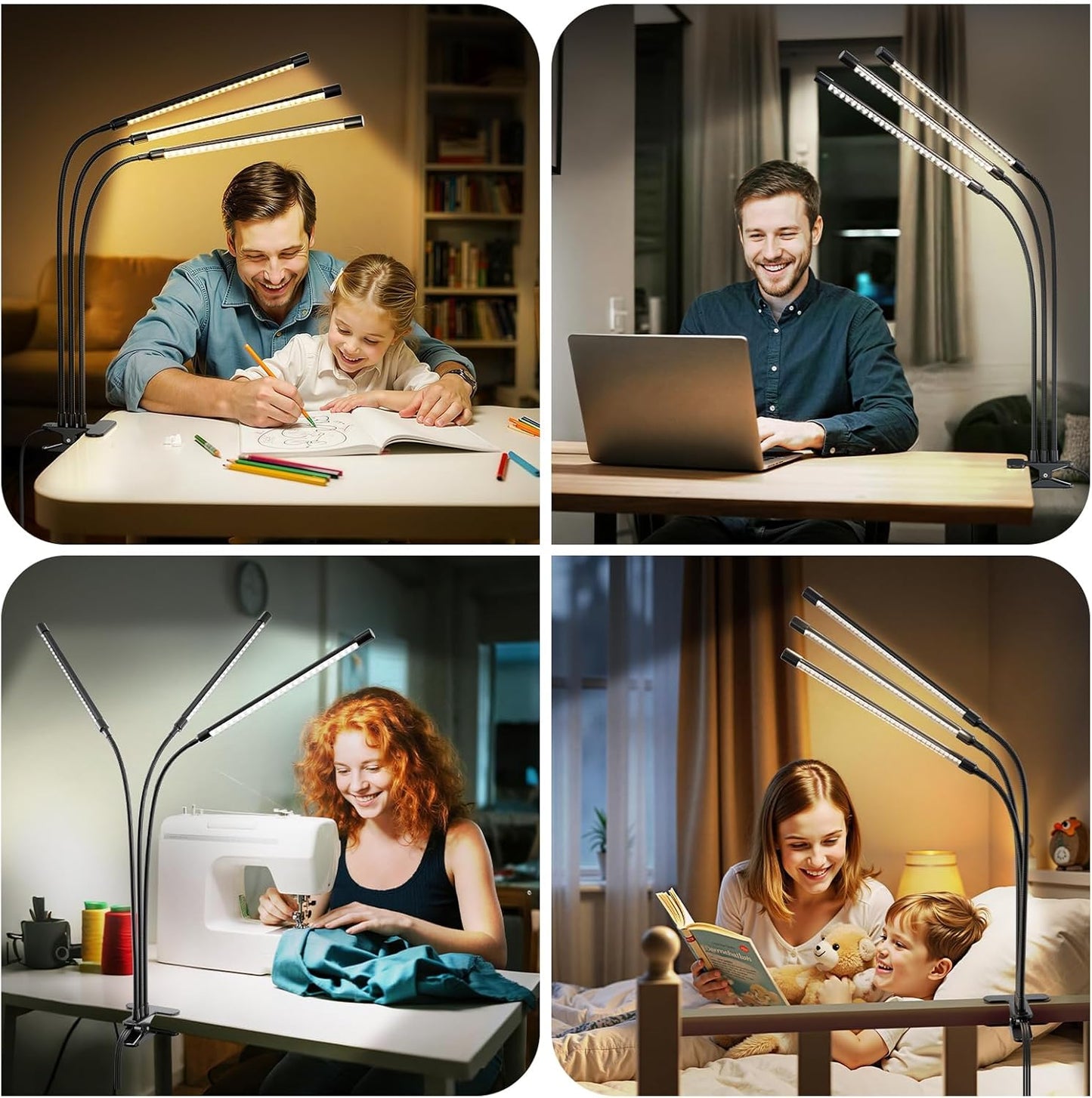 ShineTech LED Desk Lamp with Clamp, 3-Head Ultra-Wide Lighting, 4 Color Modes, Adjustable Gooseneck Task Lamp, Eye-Safe Dimming, Memory & Auto-Off Timer, Desk Light for Home Office, Study, Reading