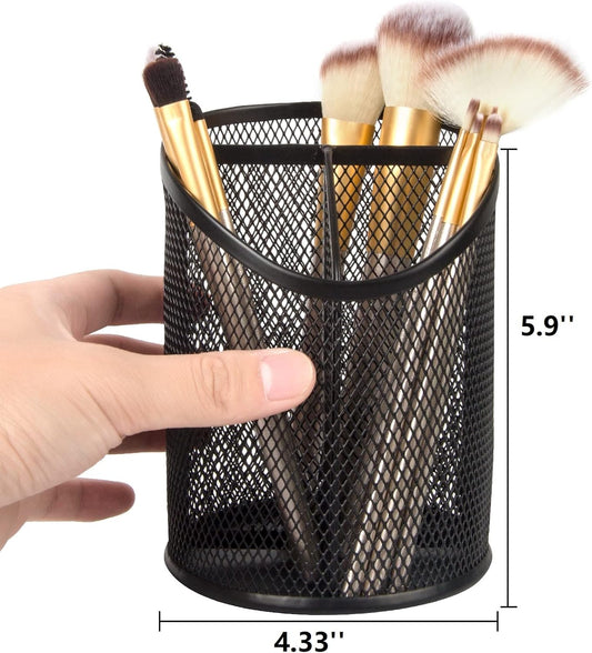 Delifox 2 Pack Pen Holder Mesh Round Pencil Holder Desktop Organizer 3 Compartments, Black