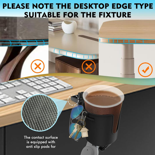 Desk Cup Holder with Headphone Hanger, Clip on Cup Holders for Desks with Spill-Proof Cup Design, Easy to Install, Enough to Hold 8-28OZ Coffee Cups, Water Bottles. (Black, Medium)