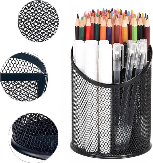 MINDEPOT 2 Pack Mesh Pencil Holder Pen Cup for Desk Round Black Pen Holder Desktop Pen Organizer 3 Compartments Pencil Organizer Desk Organizer for Office Home School