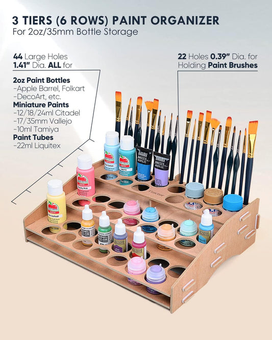 tinctor Wooden Paint Brush Holder for 44 Brushes - Desk Stand Paintbrush Organizer, Holding Rack for Pens, Paint Brushes, Colored Pencils, Markers