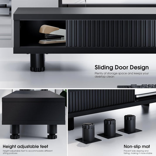 Fenge Dual Monitor Stand, 42.5inch Long Monitor Stands Riser for 2 Monitors, Glass Sliding Door with Storage Organizer Stand for Desk, 2 Tier Desk Shelf for Laptop, Pc, Printer, Computer, TV